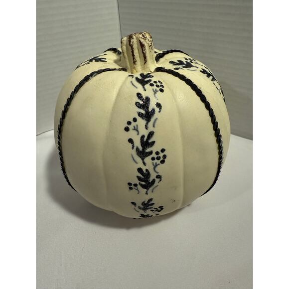 Styrofoam Decorated Pumpkin Neutral Fall Decor w/ Navy Leaf Design - Picture 3 of 8